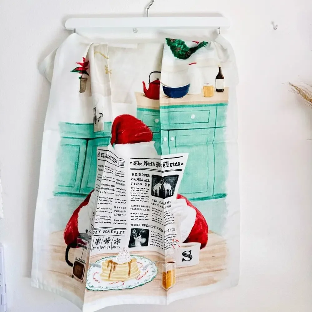 NEW ANTHROPOLOGIE Breakfast With Santa $38 Kitchen Tea Towel Christmas Holiday